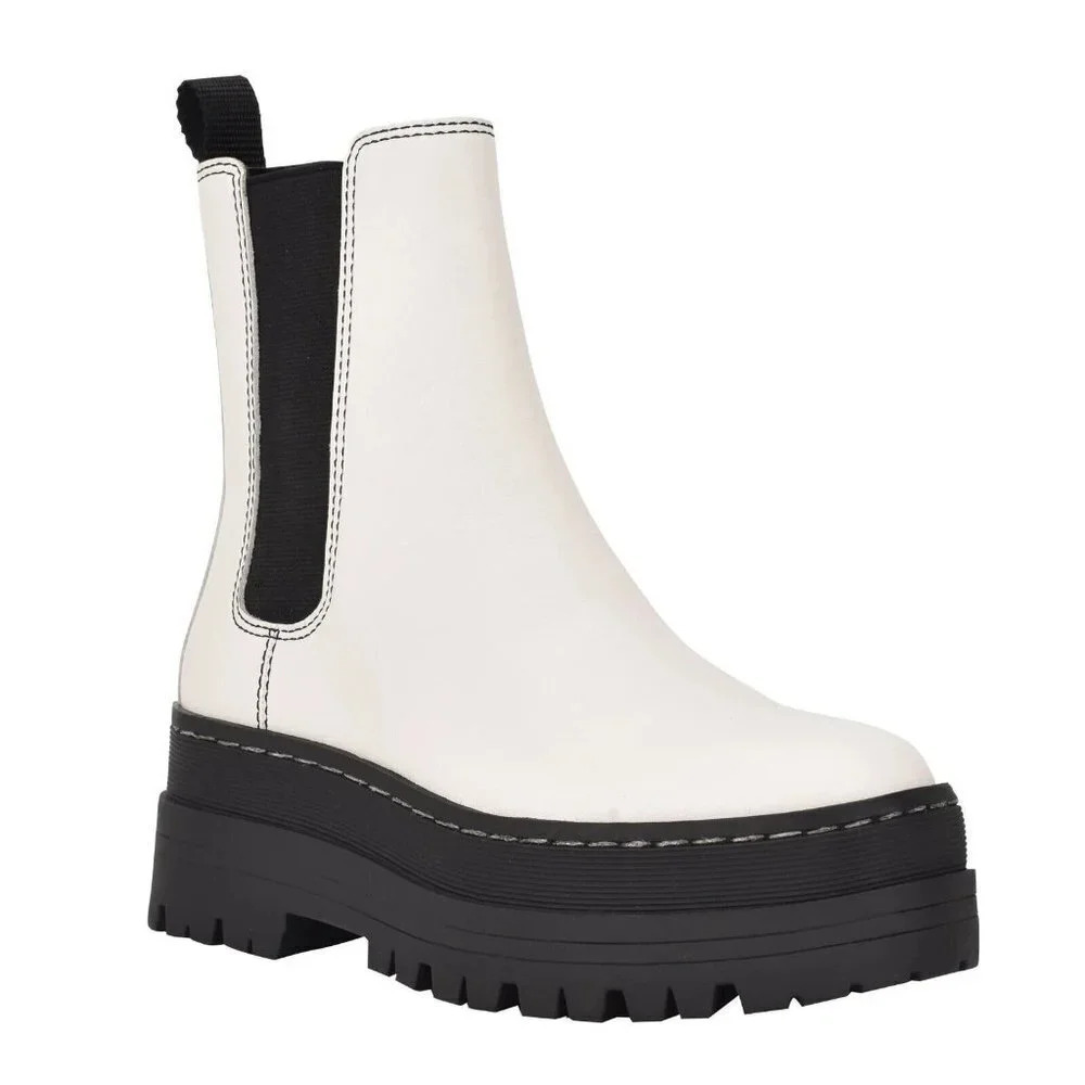 Marc Fisher White and Black Lug Sole Chelsea Booties